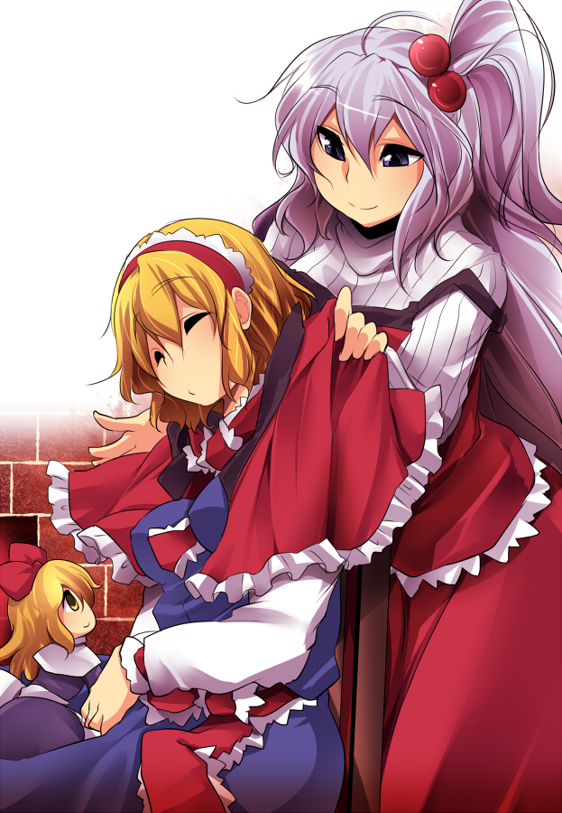 3girls, aki_(akikaze_asparagus), alice_margatroid, blonde_hair, blue_eyes, closed_eyes, dress, hair_bobbles, hair_ornament, hairband, long_hair, multiple_girls, red_dress, ribbed_sweater, shanghai_doll, shinki, short_hair, side_ponytail, silver_hair, sleeping, smile, sweater, touhou, yellow_eyes