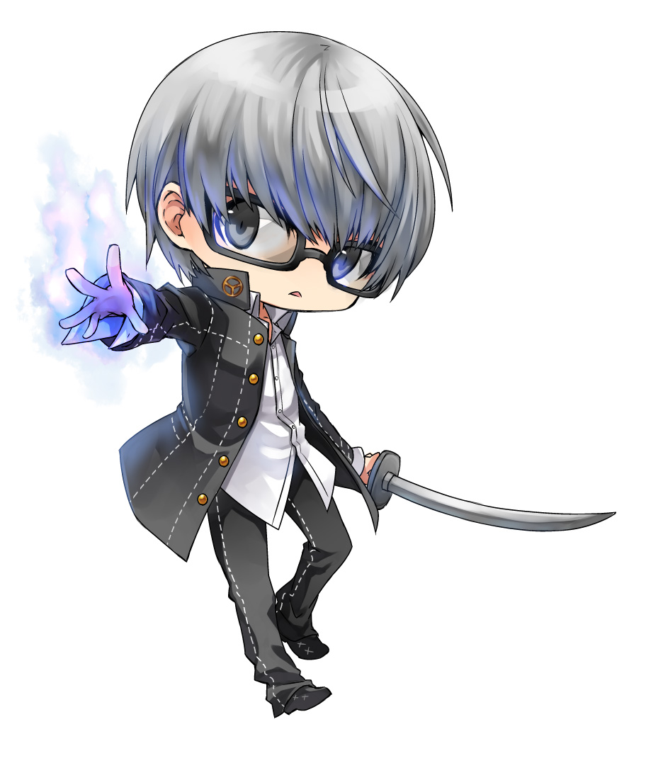 1boy, argent-ag, blue_fire, chibi, fire, glasses, grey_eyes, grey_hair