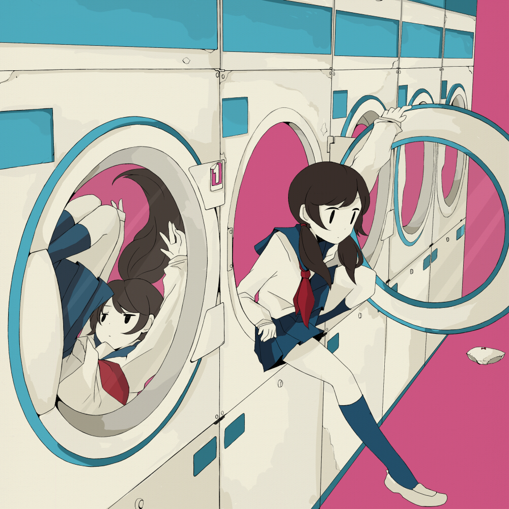456, arms_up, brown_hair, dryer, laundromat, long_hair, multiple_girls, original