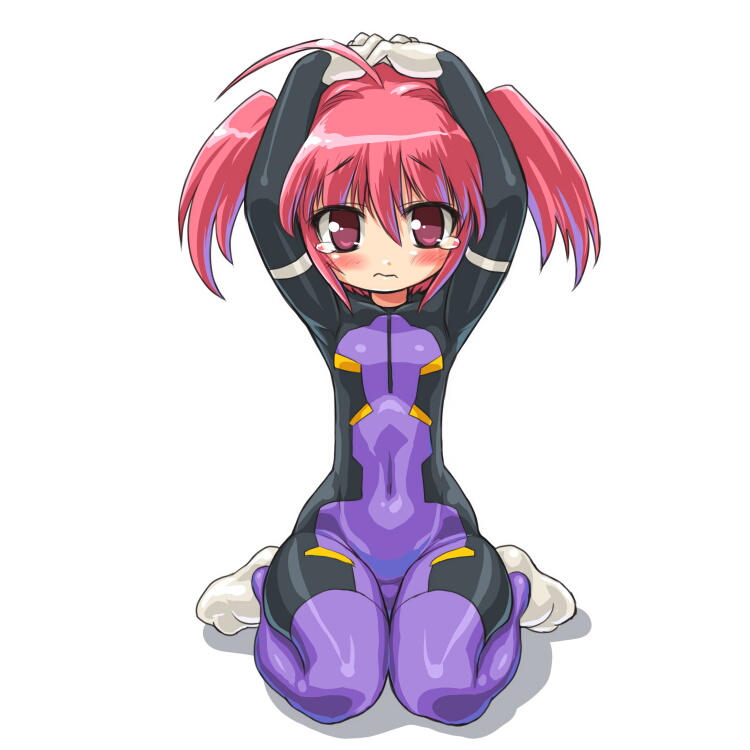 blush, bodysuit, busou_shinki, dd_(artist), eukrante, flat_chest, hands, hands_on_head