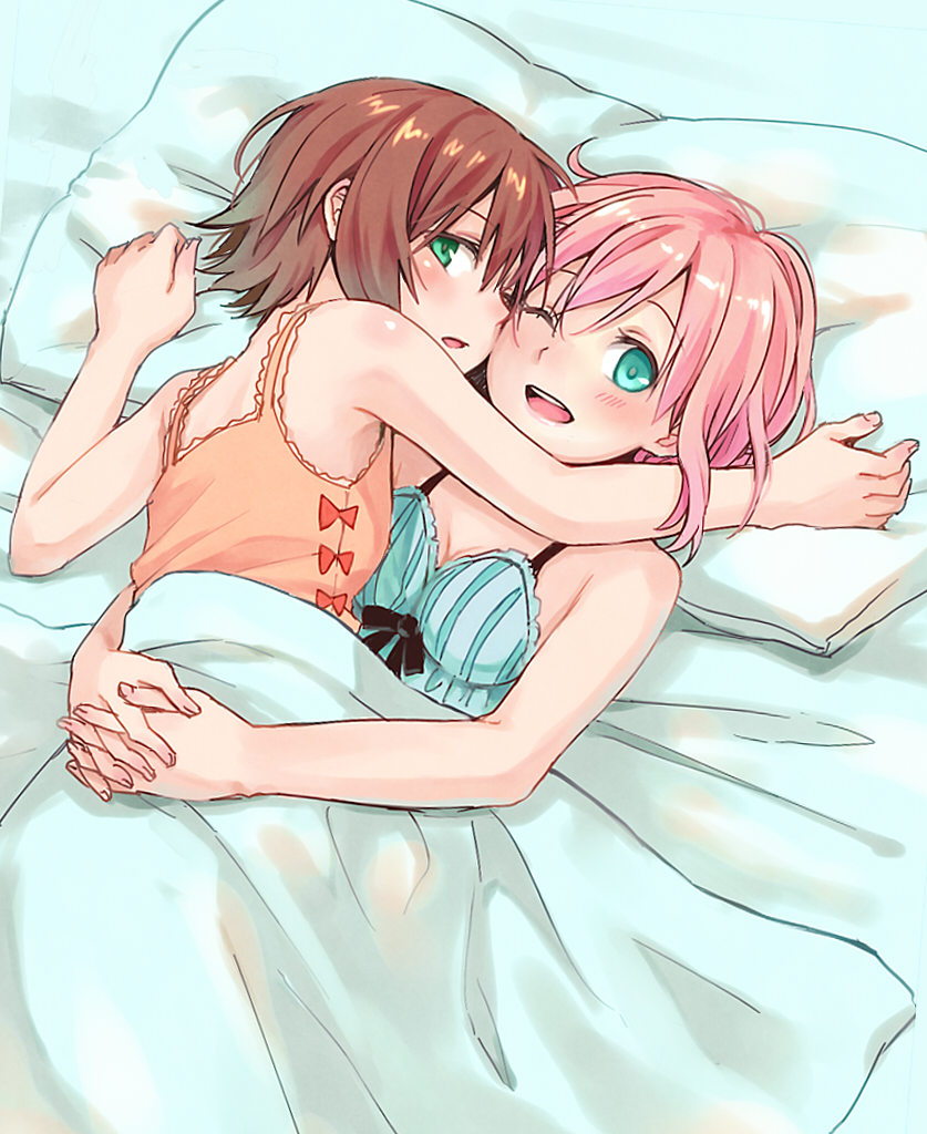 ;d, aqua_eyes, blush, brown_hair, estellise_sidos_heurassein, green_eyes, hug, lying