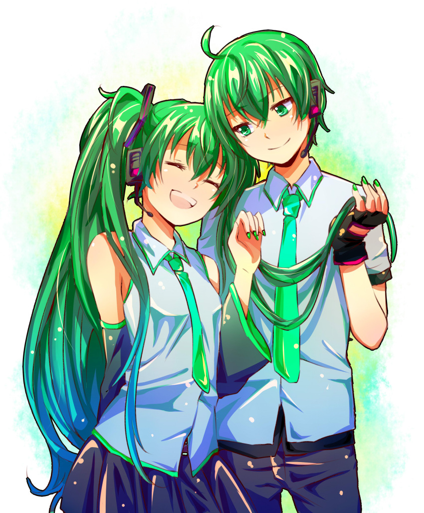 1girl, absurdres, ahoge, bad_id, closed_eyes, detached_sleeves, eyes_closed, fingerless_gloves, gloves, green_eyes, green_hair, hatsune_miku, hatsune_mikuo, headset, highres, long_hair, nail_polish, necktie, open_mouth, skirt, smile, tunamizyousuke, twintails, very_long_hair, vocaloid