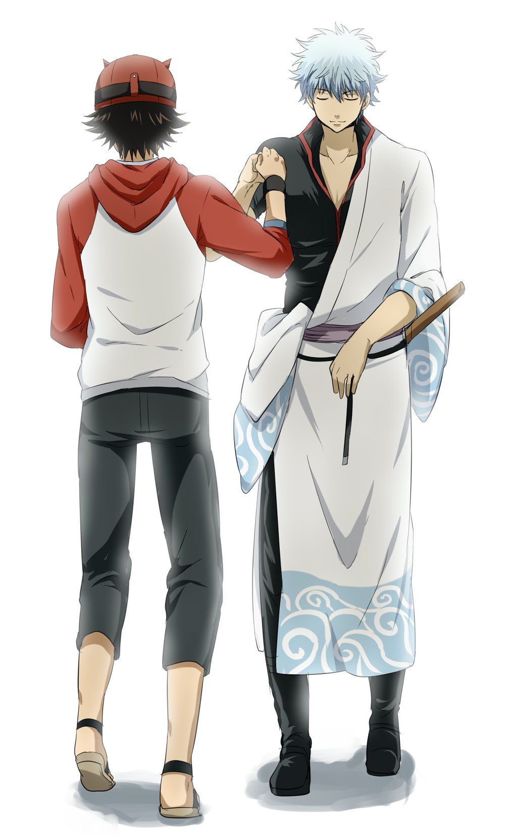black_hair, crossover, fist_bump, fistbump, fujisaki_yuusuke, gintama, hat, highres