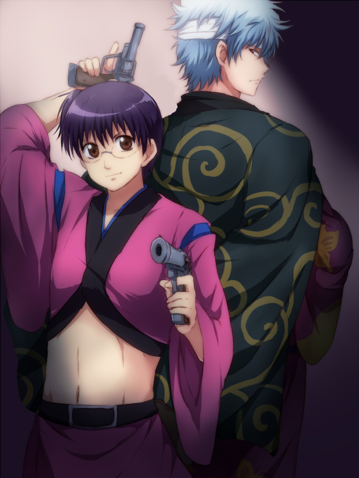 bandage, bandages, black_hair, brown_eyes, gintama, glasses, gun, headband