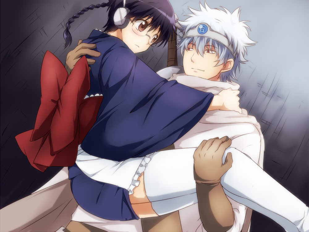 blush, braid, brown_eyes, cape, carrying, cosplay, gintama, glasses