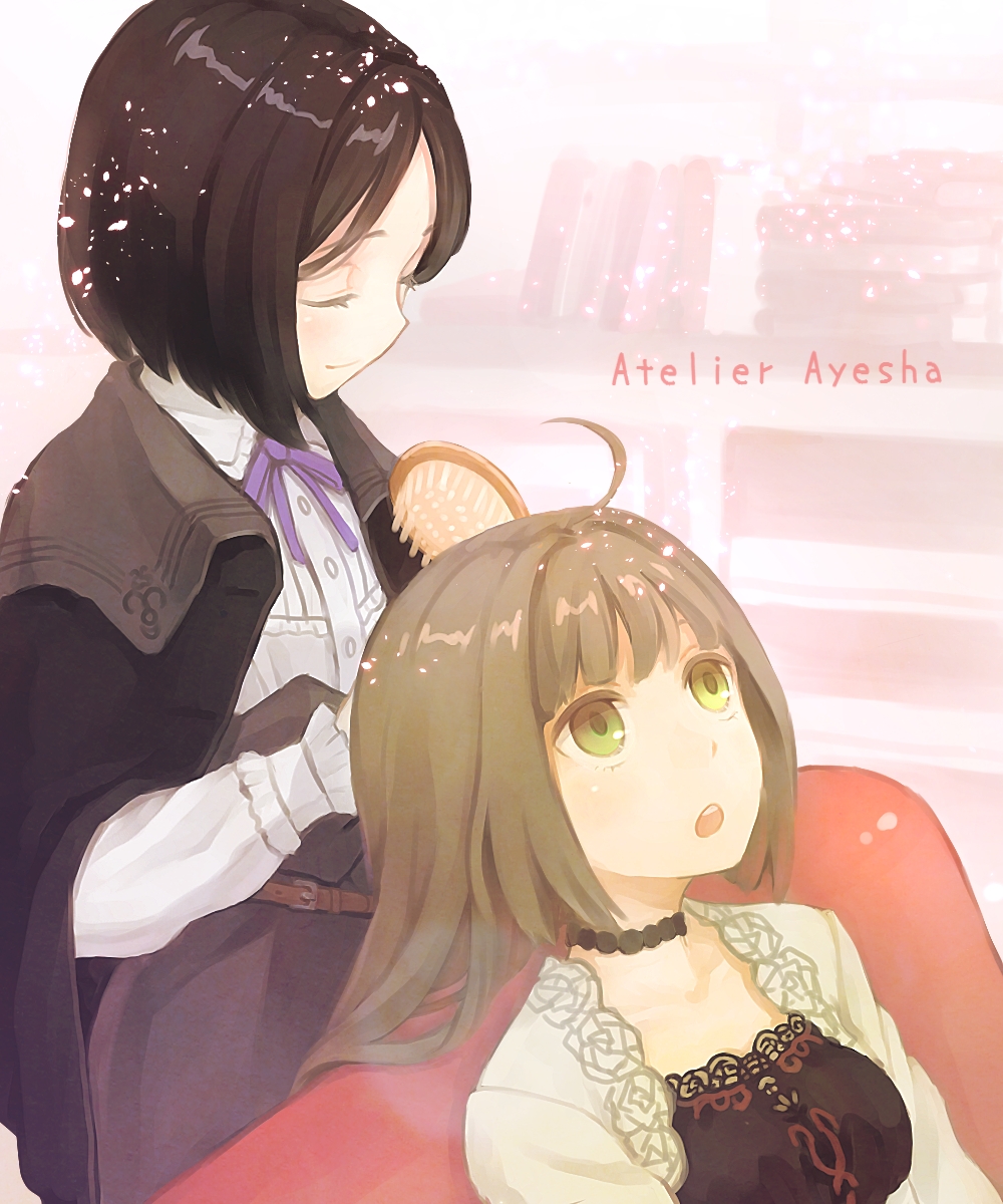 :o, ahoge, atelier_(series), atelier_ayesha, black_hair, brown_hair, character_request, closed_eyes