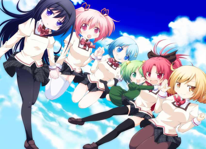 akemi_homura, black_hair, black_legwear, blonde_hair, blue_eyes, blue_hair, breasts, chibi