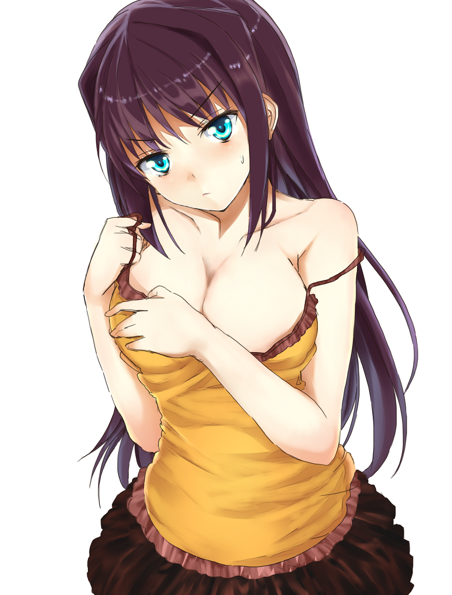 aozaki_aoko, bare_shoulders, blue_eyes, blush, breasts, brown_hair, casual, cleavage