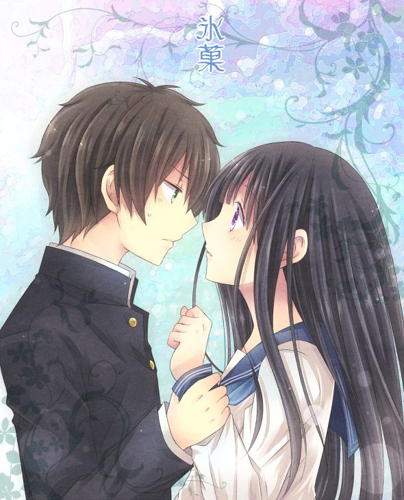 1girl, black_hair, chitanda_eru, eye_contact, gakuran, green_eyes, hyouka, long_hair, looking_at_another, mini_mamu, oreki_houtarou, purple_eyes, school_uniform, short_hair, violet_eyes