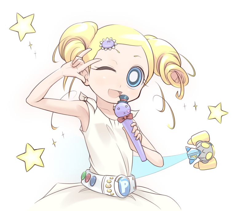 1girl, \m/, blonde_hair, blue_eyes, blush, child, dress, drill_hair, furi, goutokuji_miyako, happy, microphone, parody, powerpuff_girls_z, seikan_hikou, solo, star, wink