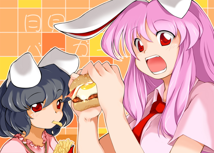 animal_ears, bacon, black_hair, bunny_ears, chips, eating, food, french_fries