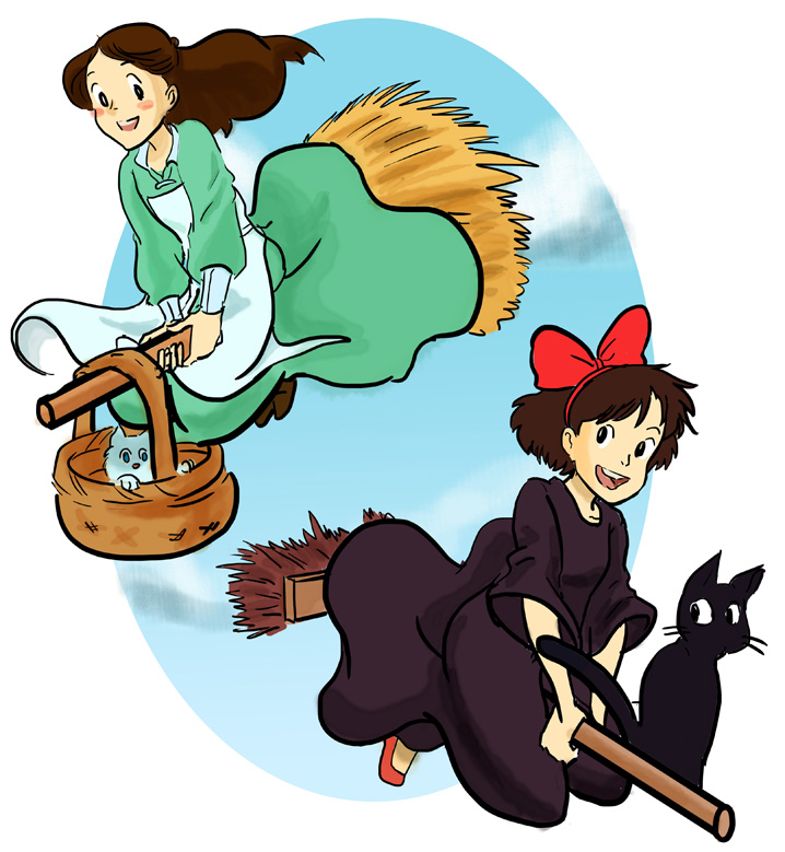 apron, black_cat, broom, broom_riding, brown_eyes, brown_hair, cat, crossover