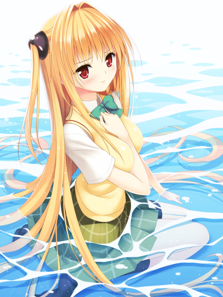 blonde_hair, blush, breasts, cardigan, hair_intakes, highres, konjiki_no_yami, long_hair