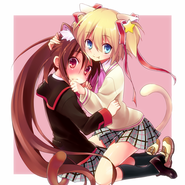 animal_ears, blue_eyes, blush, brown_hair, cat_ears, cat_tail, fang, hair_ornament