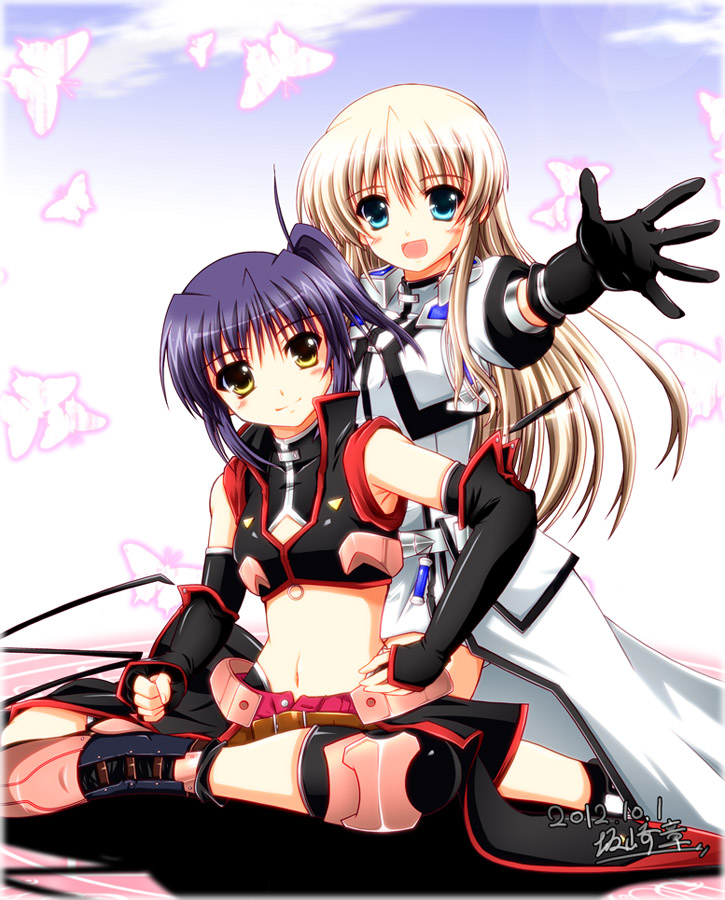 bare_shoulders, blonde_hair, blue_eyes, blush, brown_hair, butterfly, elbow_gloves, fingerless_gloves
