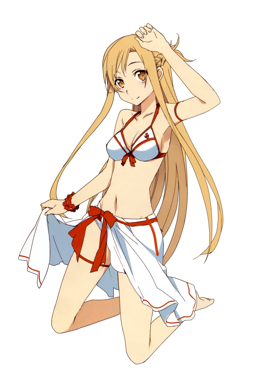 abec, adapted_costume, arm_ribbon, arm_up, asuna_(sao), bare_legs, bare_shoulders, barefoot
