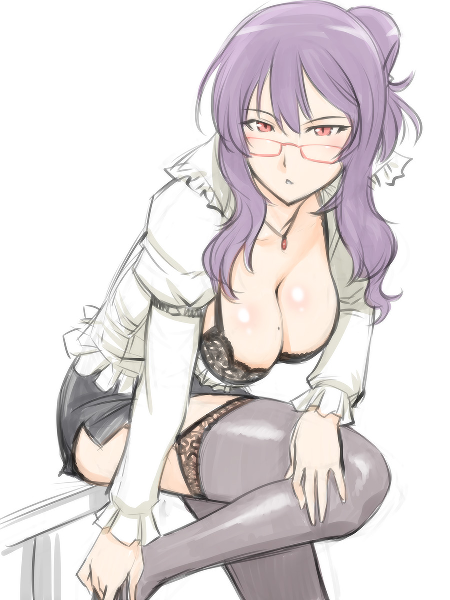 :<, black_bra, black_legwear, blush, bra, breasts, cleavage, frills, garter_straps, glasses, hair_ornament, highres, jewelry, lace-trimmed_bra, large_breasts, long_hair, looking_at_viewer, mole, mole_on_breast, necklace, open_mouth, original, purple_hair, red-framed_glasses, red_eyes, senran_kagura, senran_kagura_burst, senran_kagura_shinovi_versus, shoes, short_hair, simple_background, skirt, solo, suzune_(senran_kagura), thigh-highs, thighhighs, ueyama_michirou, underwear, white_background