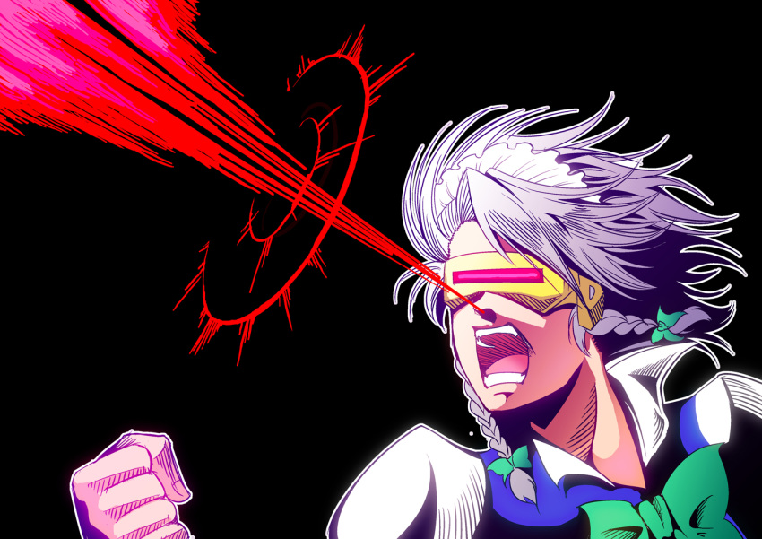 blood, braid, clenched_hand, cyclops_(x-men), epic_nosebleed, izayoi_sakuya, laser, maid, marvel, nosebleed, open_mouth, short_hair, silver_hair, solo, touhou, twin_braids, warugaki_(sk-ii), what, x-men