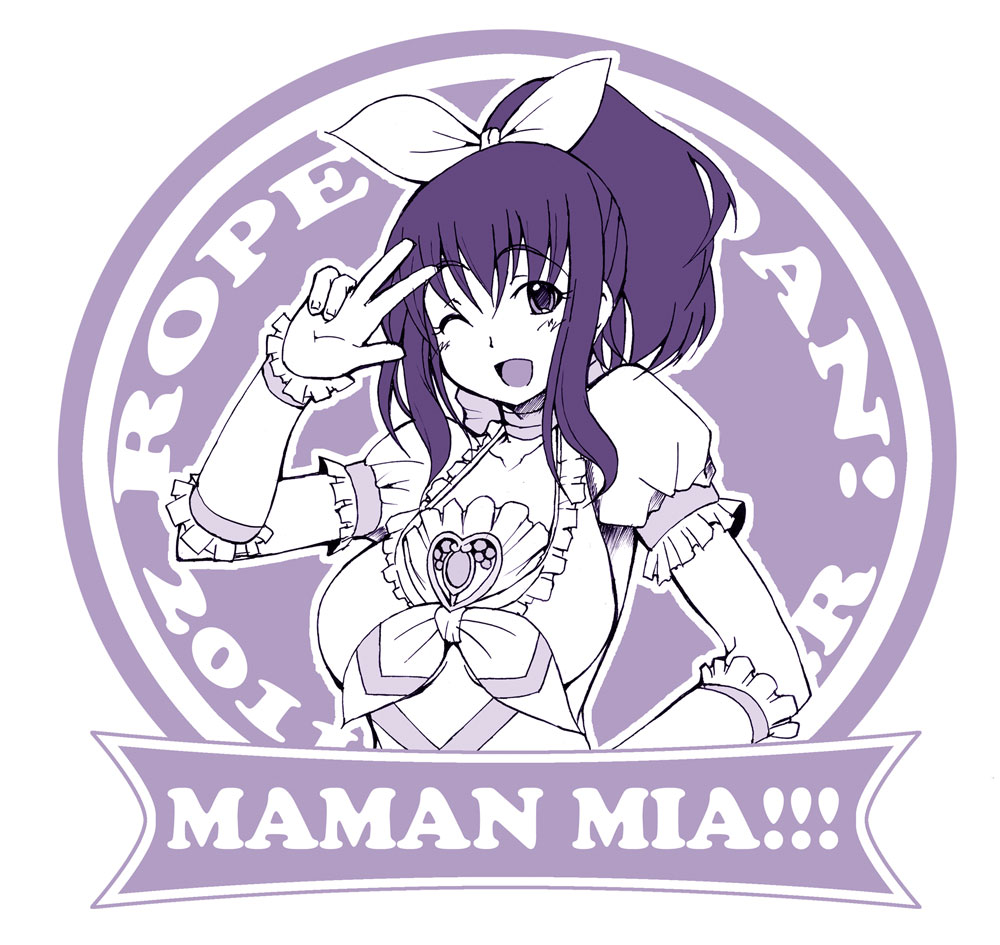cosplay, cure_rhythm, cure_rhythm_(cosplay), long_hair, minamino_misora, monochrome, open_mouth, ponytail