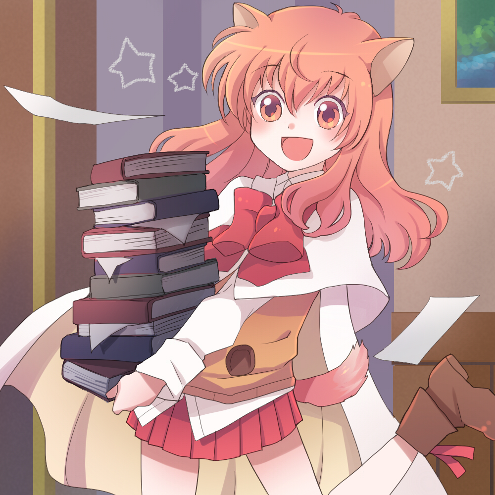 :d, animal_ears, blush, book, bow, cape, dog_days, dog_ears
