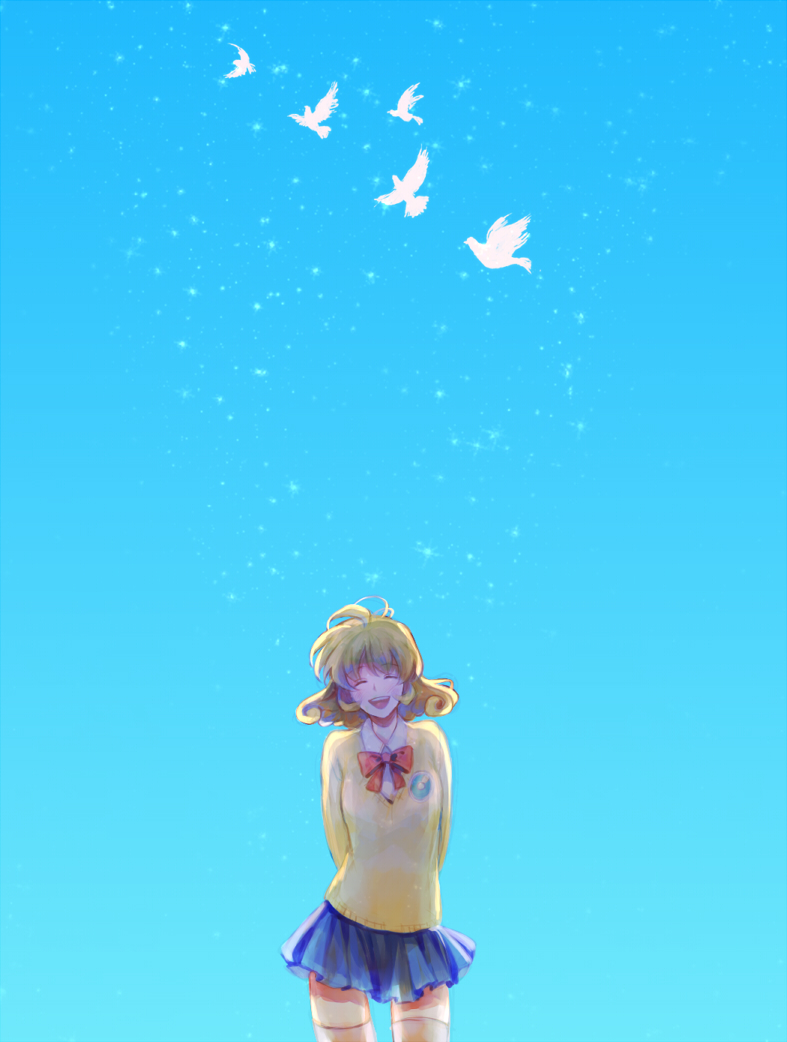 corrector_yui, kasuga_yui, school_uniform, short_hair, sky, smile, solo, sweater, yz