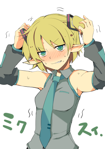 alternate_costume, alternate_hairstyle, armpits, arms_up, bare_shoulders, blonde_hair, blush, cosplay, delorean_(hasabe_yu2), detached_sleeves, green_eyes, hair_ornament, hasebe_yuusaku, hatsune_miku, hatsune_miku_(cosplay), mizuhashi_parsee, necktie, pointy_ears, shirt, short_hair, solo, sweat, touhou, trembling, twintails, vocaloid