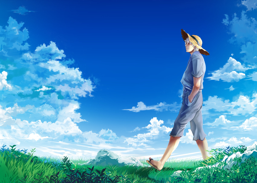absurdres, gintama, hands_in_pockets, hat, highres, jajagaga, matsuoka_(ajagaga), nature, red_eyes, sakata_gintoki, sandals, scenery, silver_hair, sky, sun_hat, walking