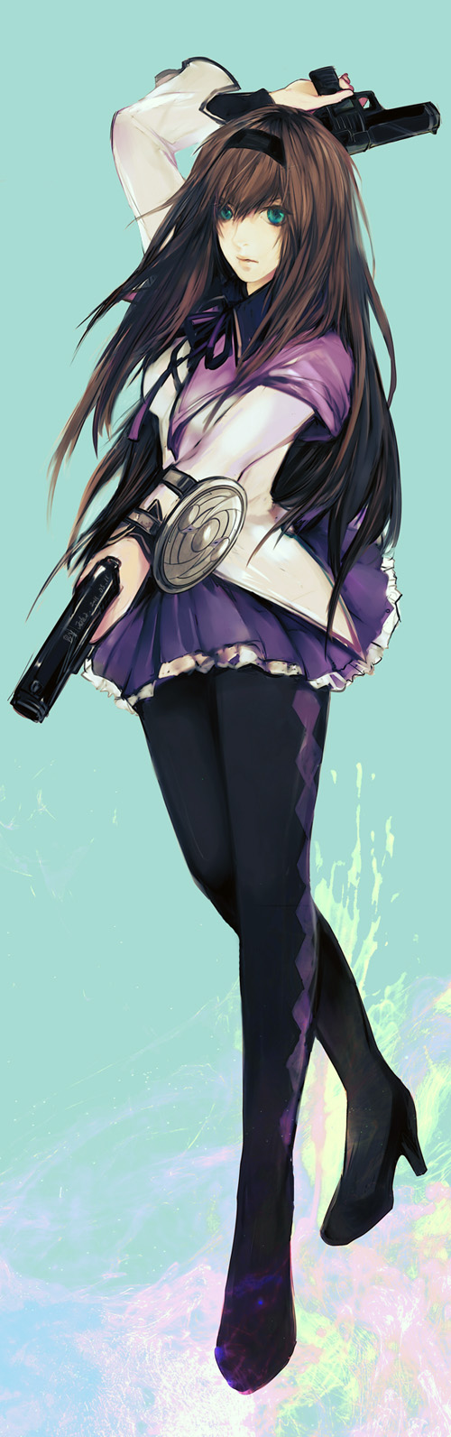 akemi_homura, argyle, argyle_legwear, babyfoxcc, black_hair, black_legwear, blue_background, blue_eyes