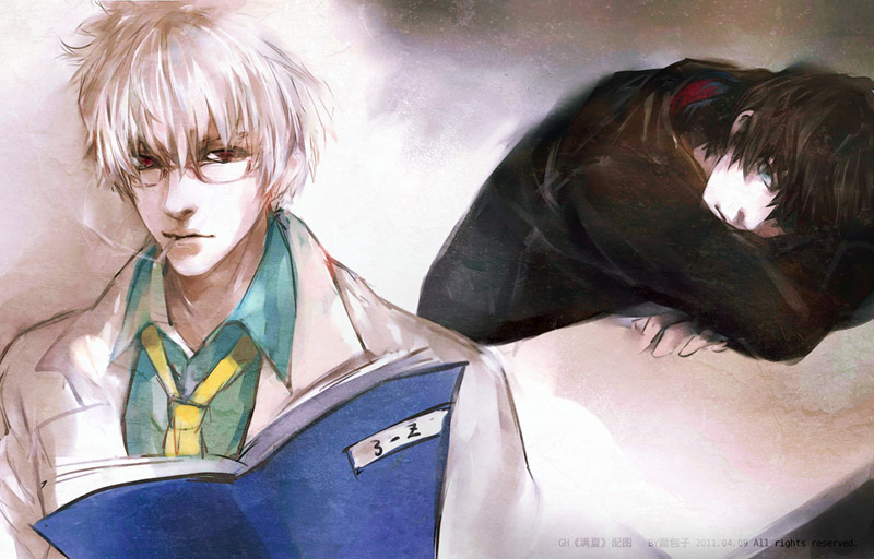 babyfoxcc, black_hair, blue_eyes, book, cigarette, gintama, glasses, hijikata_toushirou