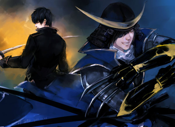 armor, babyfoxcc, between_fingers, black_hair, crossover, dagger, date_masamune_(sengoku_basara), eyepatch