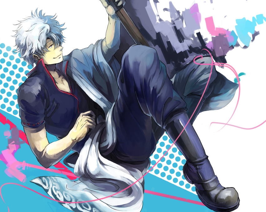 bokken, gintama, highres, japanese_clothes, nolife, red_eyes, sakata_gintoki, silver_hair