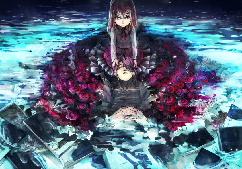1girl, blue_rose, brown_hair, flower, funeral, garry_(ib), highres, ib, ib_(ib), nolife, purple_hair, purple_rose, red_eyes, red_rose, rose, water