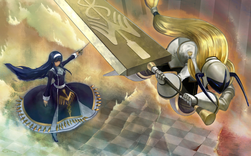 armor, armored_dress, blonde_hair, blue_eyes, blue_hair, familiar, hairband, helmet