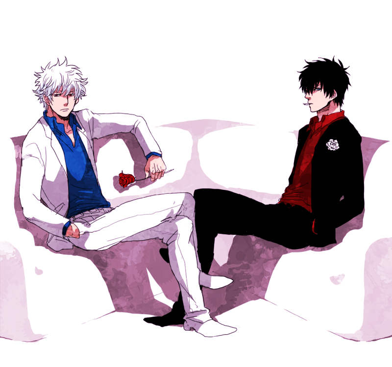 black_hair, cigarette, couch, flower, formal, gintama, hand_in_pocket, hijikata_toushirou