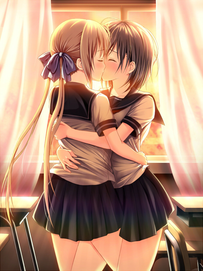 black_hair, blonde_hair, blush, chair, closed_eyes, curtains, eyes_closed, kiss