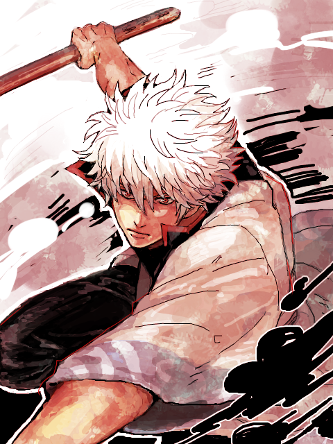 bokken, gintama, japanese_clothes, red_eyes, sakata_gintoki, shaku_(gekirin), solo, sword