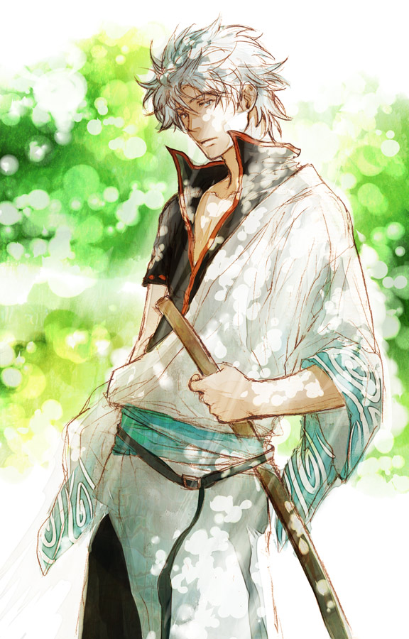 acaco, bokken, gintama, japanese_clothes, red_eyes, sakata_gintoki, silver_hair, solo