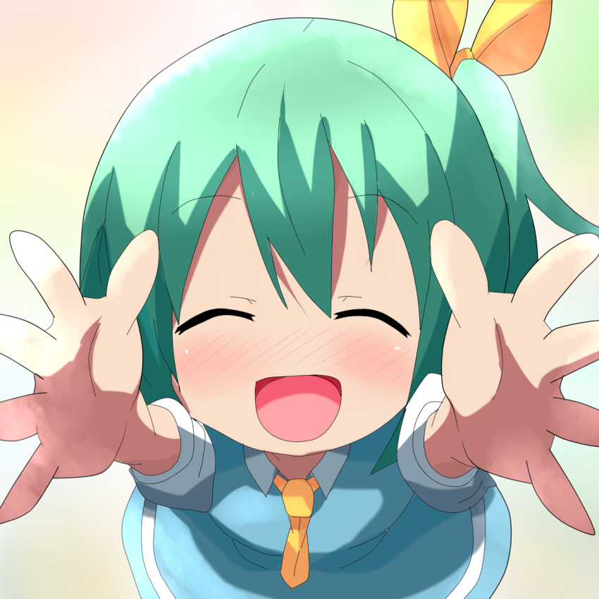 :d, blush, carry_me, closed_eyes, daiyousei, eyes_closed, green_hair, hair_ribbon