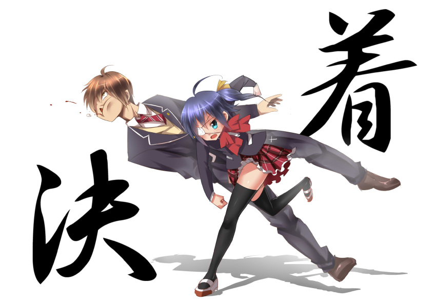 1girl, black_legwear, blazer, blood, blue_eyes, blue_hair, chuunibyou_demo_koi_ga_shitai!, eyepatch