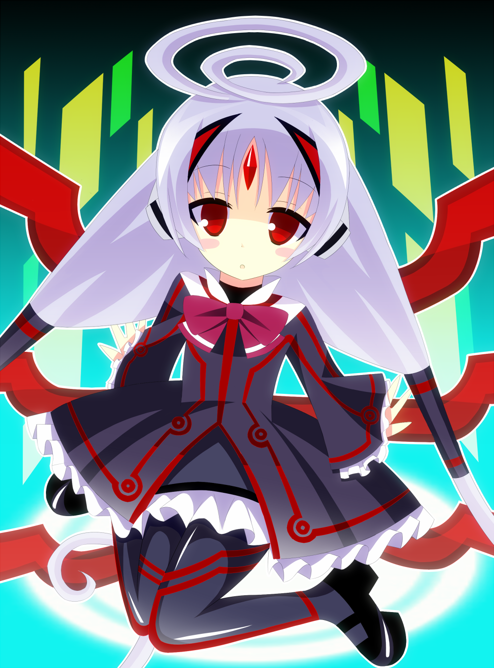ahoge, albino, blush_stickers, forehead_jewel, hair_tubes, highres, huge_ahoge, long_hair, mary_janes, nekotechno, pantyhose, red_eyes, shoes, solo, twintails, under_night_in-birth, vatista, very_long_hair, white_hair, wings