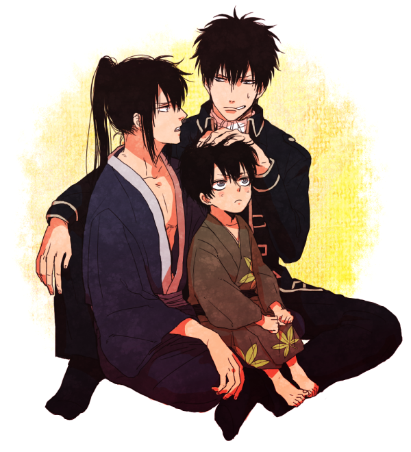 barefoot, black_hair, blue_eyes, child, cigarette, gintama, glasses, hijikata_toushirou
