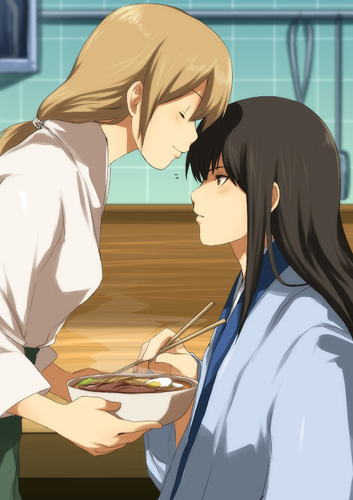 1girl, black_hair, blonde_hair, blush, brown_eyes, food, forehead_kiss, gintama