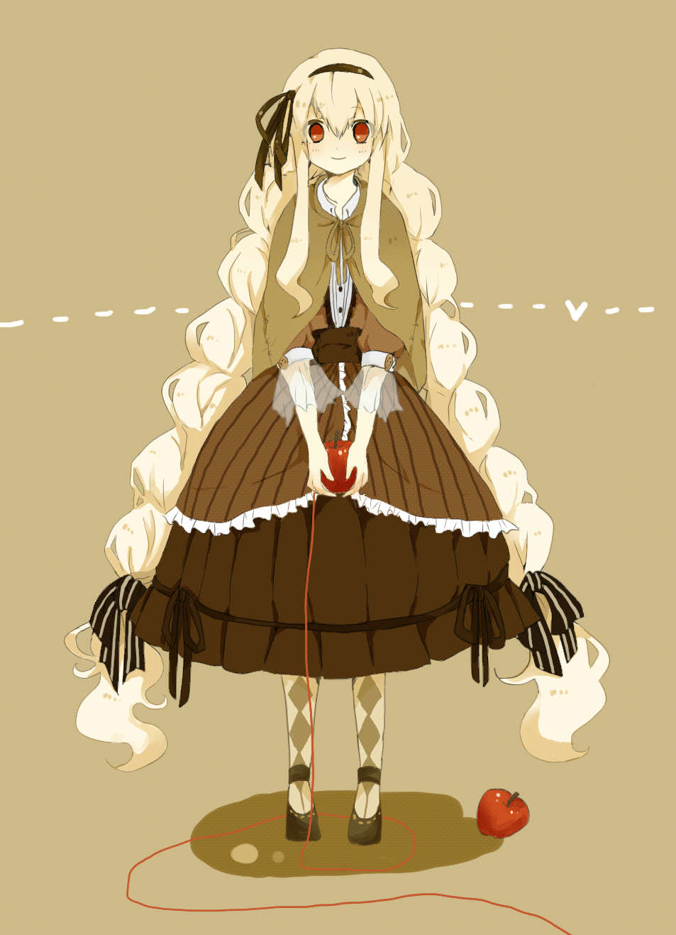 apple, blonde_hair, braid, dress, food, fruit, hair_ribbon, highres, kagerou_project, long_hair, mary_(kagerou_project), red_eyes, red_string, ribbon, solo, souzou_forest_(vocaloid), string, thomati, twin_braids, very_long_hair, vocaloid