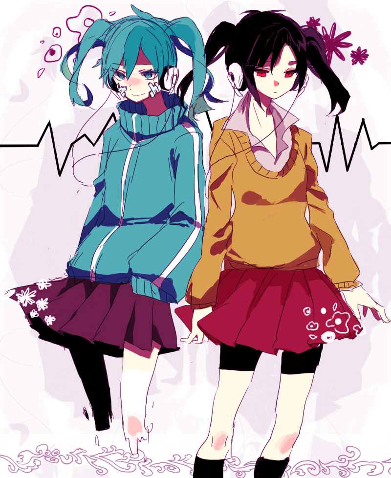 bad_id, black_hair, dual_persona, ene_(kagerou_project), ene_no_dennou_kikou_(vocaloid), green_eyes, green_hair, headphone_actor_(vocaloid), headphones, jacket, kagerou_project, ksm_(bluewrow), long_hair, multiple_girls, red_eyes, school_uniform, skirt, twintails, vocaloid