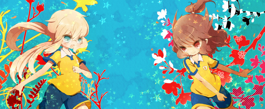 blonde_hair, blue_eyes, blush, brown_hair, fusion, glasses, highres, inazuma_eleven, inazuma_eleven_(series), inazuma_eleven_go, inazuma_eleven_go_chrono_stone, jeanne_d'arc_(inazuma_eleven), jeanne_d'arc_(inazuma_eleven), kirino_ranmaru, lightning_bolt, long_hair, male, multiple_boys, oda_nobunaga_(inazuma_eleven), open_mouth, raimon, red_eyes, shindou_takuto, smile, soccer_uniform, yoshida_(nono_ko)