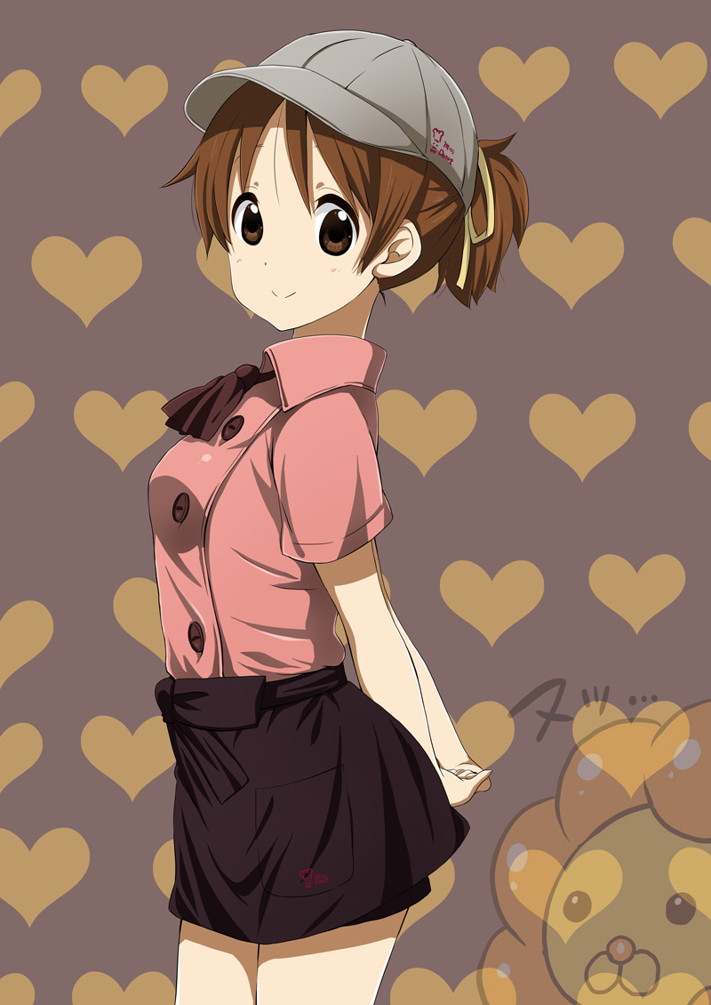 arms_behind_back, brown_eyes, brown_hair, hair_ribbon, hat, heart, heart_background, hirasawa_ui, k-on!, looking_at_viewer, mister_donut, pon_de_lion, ponytail, ragho_no_erika, ribbon, skirt, smile, solo