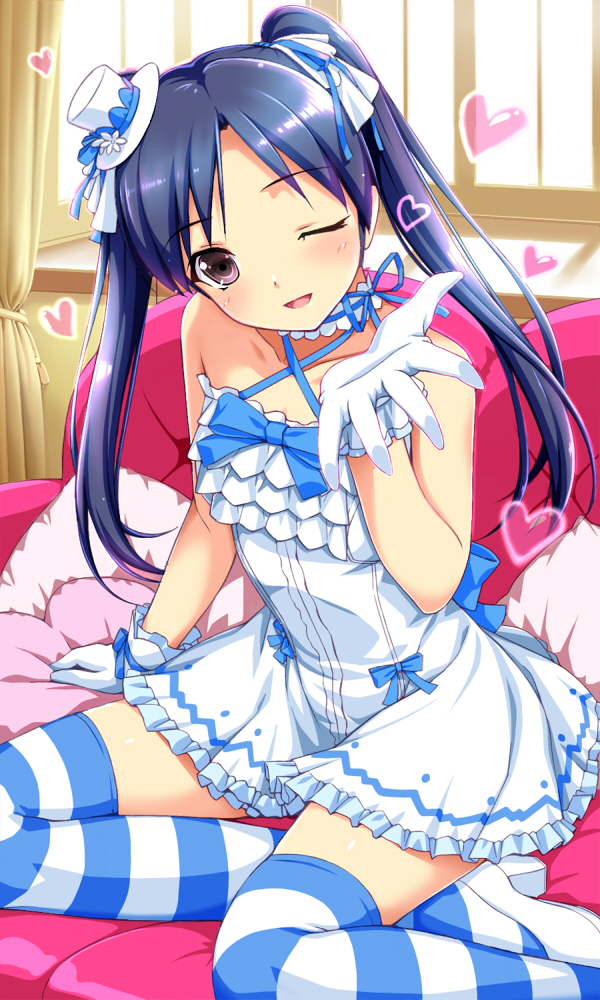 ;d, blue_hair, blush, brown_hair, gloves, heart, idolmaster, kisaragi_chihaya