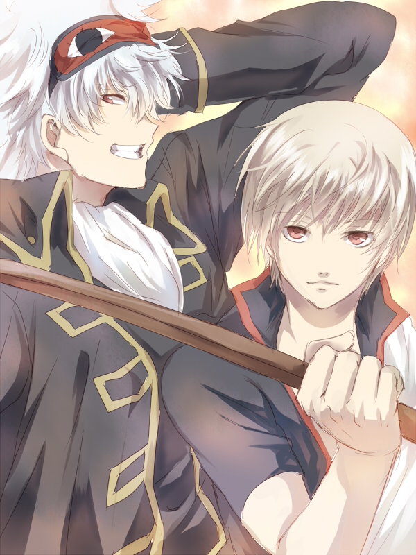 bokken, brown_hair, cosplay, costume_switch, gintama, jacket, maruki_(punchiki), multiple_boys