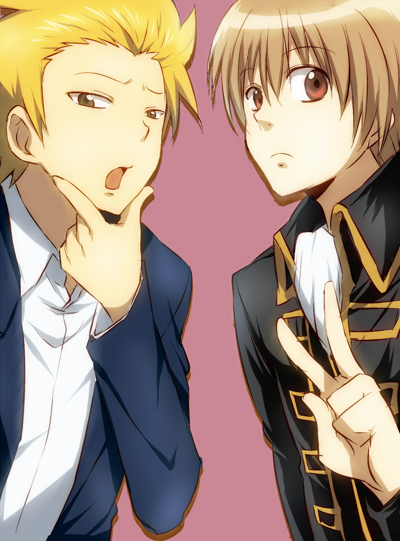 2boys, blonde_hair, brown_eyes, brown_hair, coat, crossover, danshi_koukousei_no_nichijou, gintama, maruki_(punchiki), military, military_uniform, multiple_boys, okita_sougo, school_uniform, seiyuu_connection, suzumura_ken'ichi, tanaka_yoshitake, uniform, v