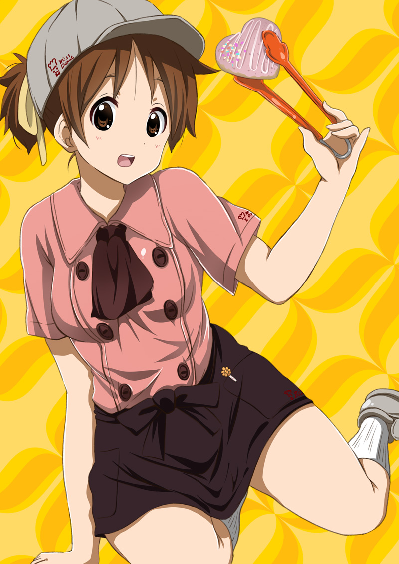 :d, blush, brown_eyes, brown_hair, cookie, doughnut, food, hair_ribbon
